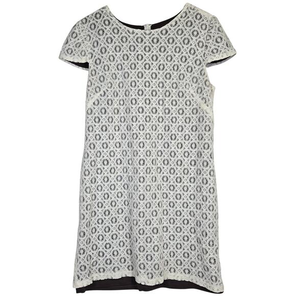 Suzi Chin Short Sleeve‎ Mini Dress Ivory Crochet Lace Chocolate Brown Lining 12 - Picture 1 of 7